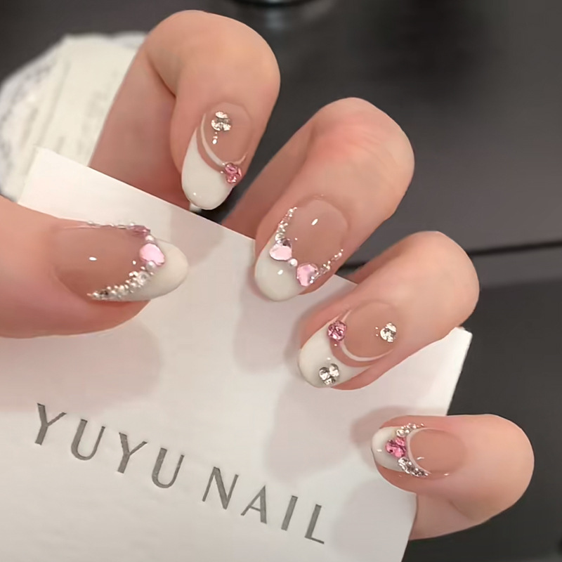 Nail Art French - 10 шт., белое французское розовое сердце,