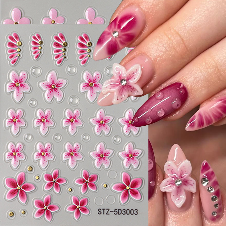 Nail Foil Transfer - 5D розовые цветочные наклейки для ногтей